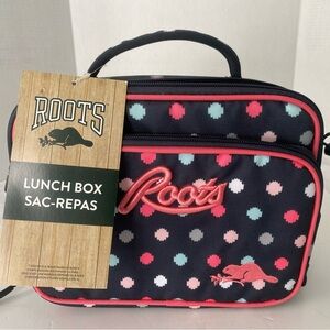 NWT Roots Insulated Lunch Bag Black/Pink and Blue Polka Dots-Handle/Strap